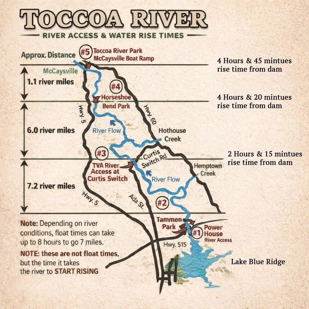 Map of the Toccoa River tailwater below Blue Ridge Dam showing dam release timing and fishing access points