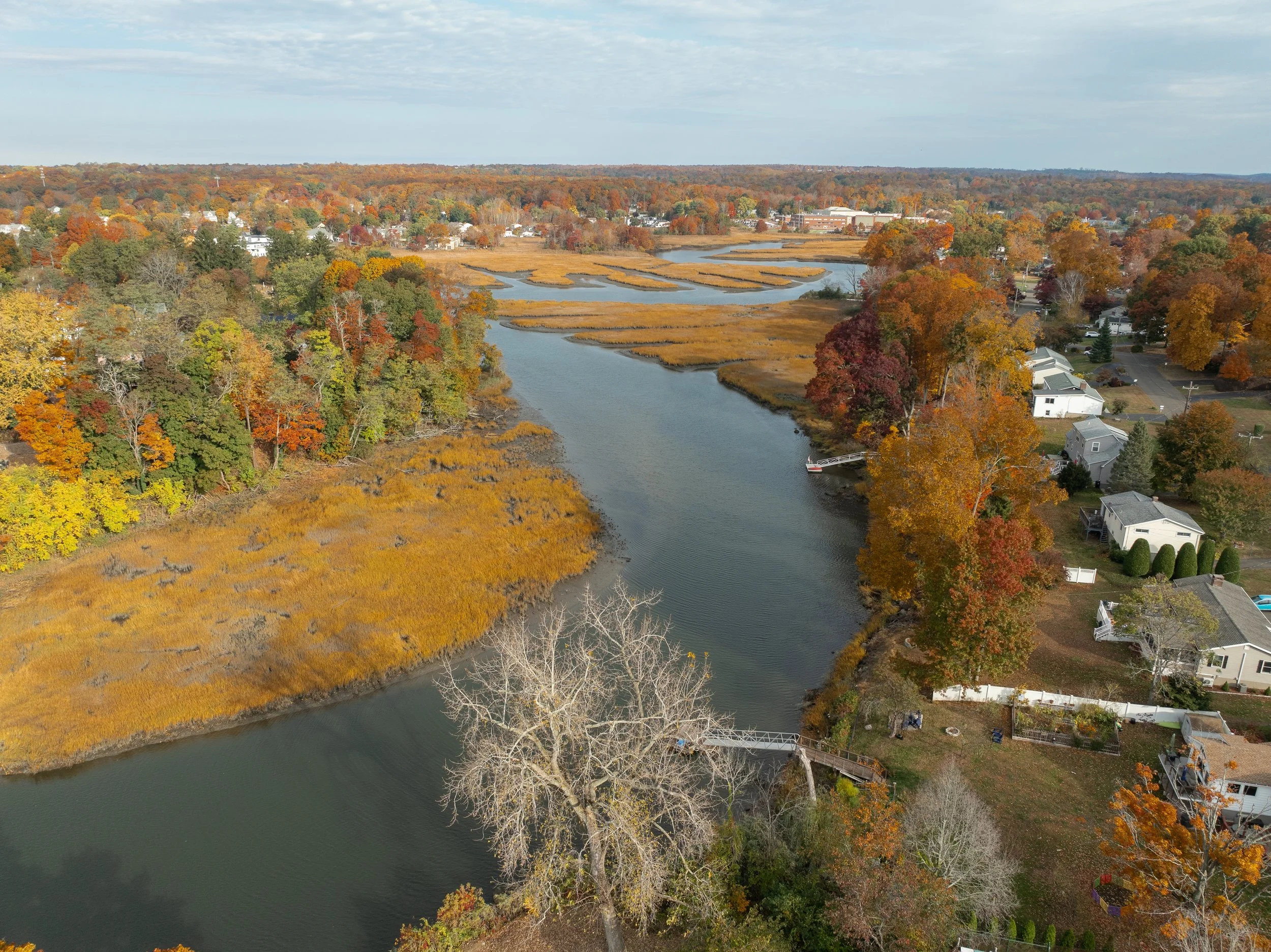 Aerial view of a river winding through a neighborhood with houses, trees showcasing fall colors, and marshlands in the background during autumn.