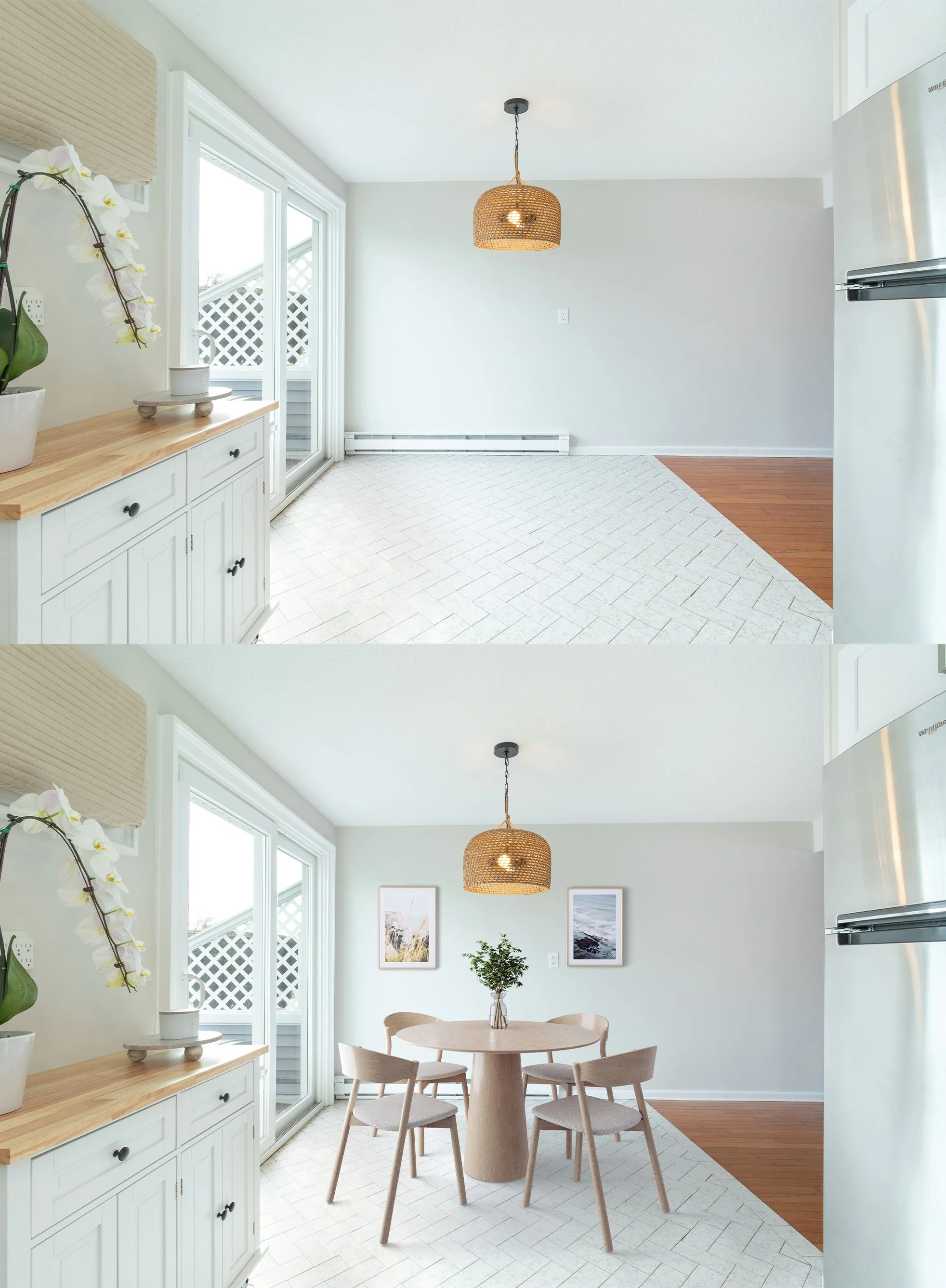 A dining area in a home, with a round wooden table and four matching chairs, a plant centerpiece, and two framed pictures on the wall. The room has white walls, a wicker pendant light, and sliding glass doors leading outside. Real Estate Photography 
