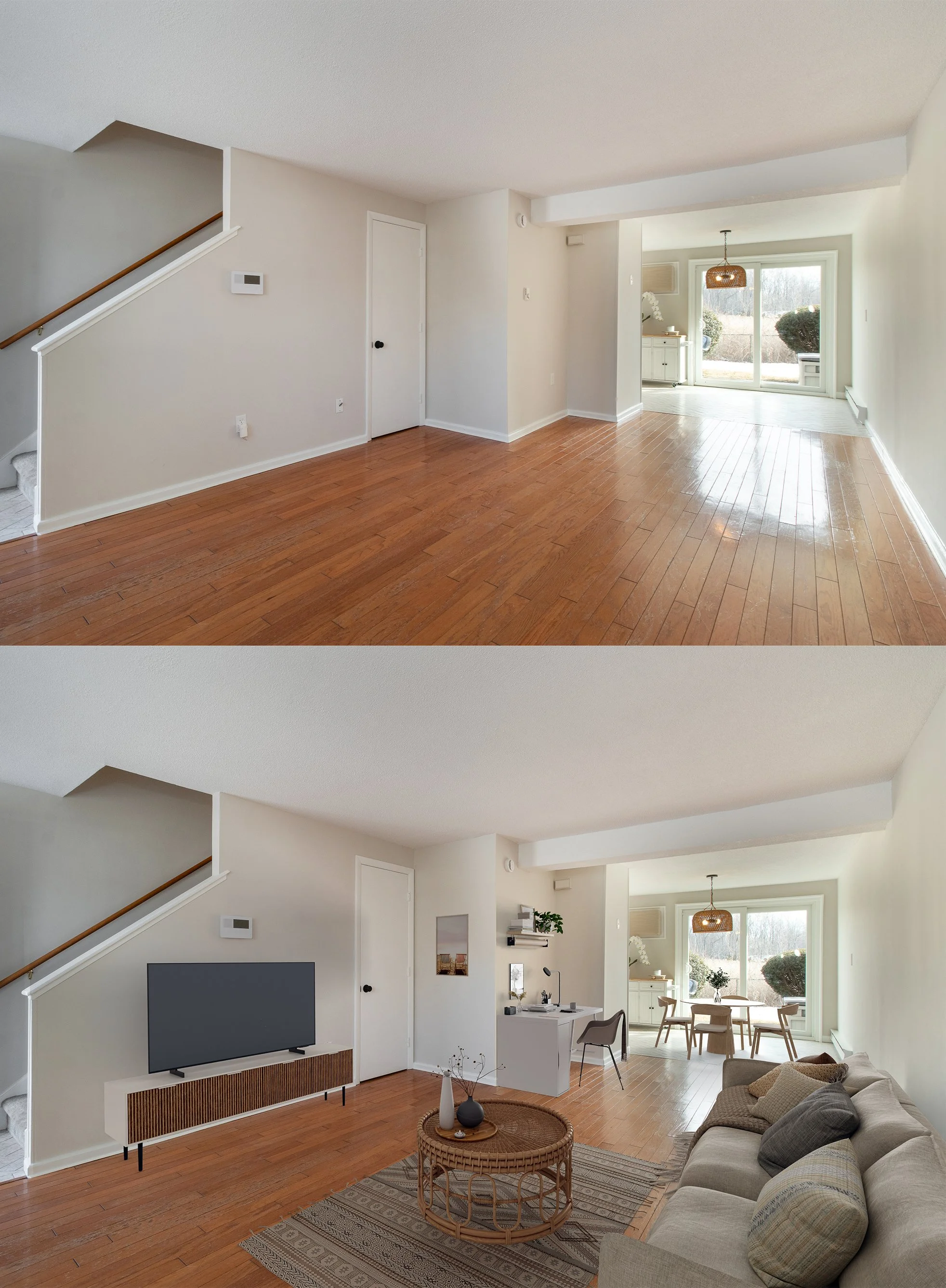 Before and after photos of a living room transformation, showing an empty room in the first image and a decorated and furnished living room in the second image.