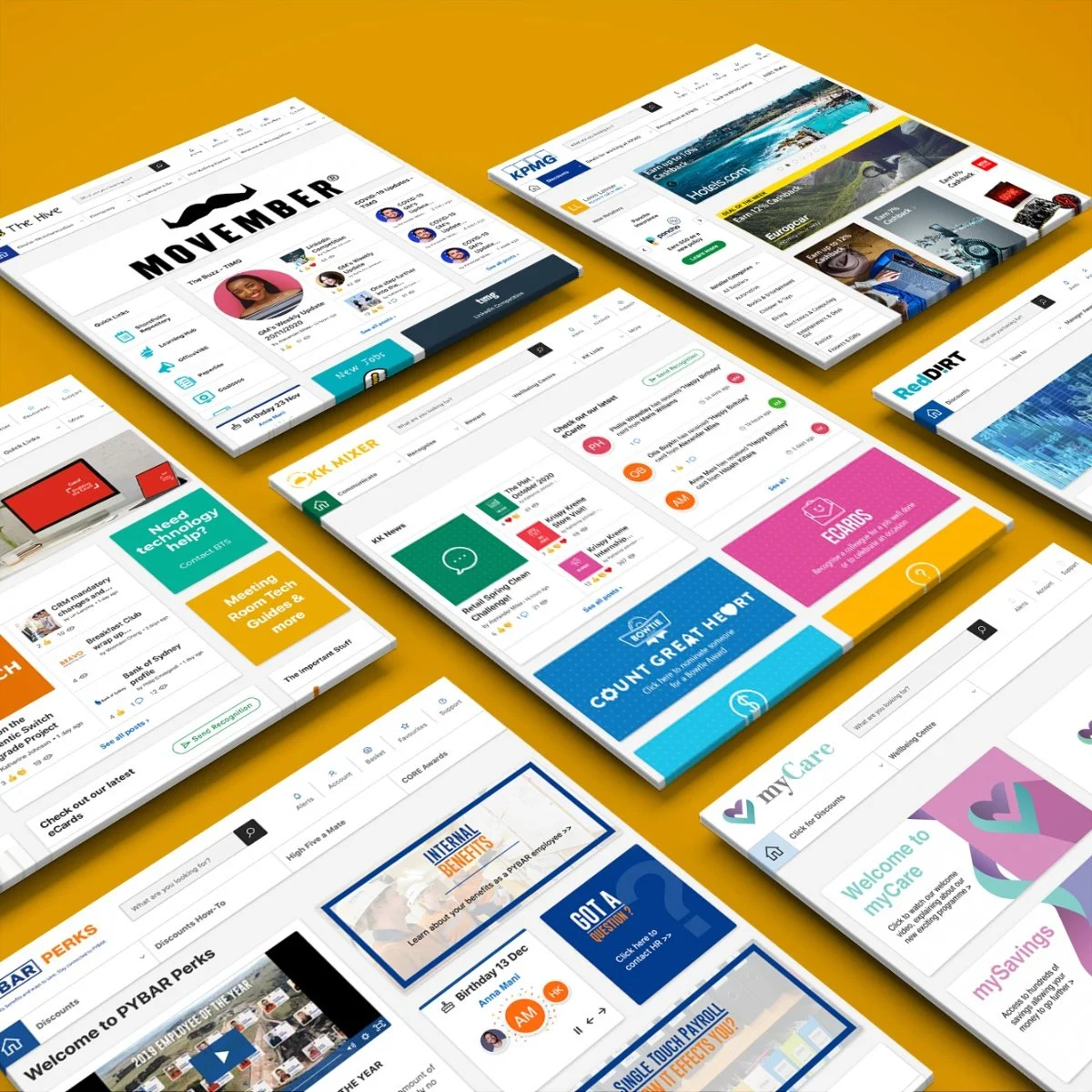 A composition of multiple floating website interfaces displayed on a yellow background, featuring various designs and themes, including company logos and user interface elements.