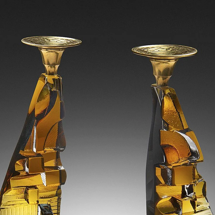 Stacked honey gold hand blown and cast glass creating two vertical forms that are topped off with brass candle holders, by award winning master craftsman Michael Mikula, of Cleveland Ohio-004.JPG