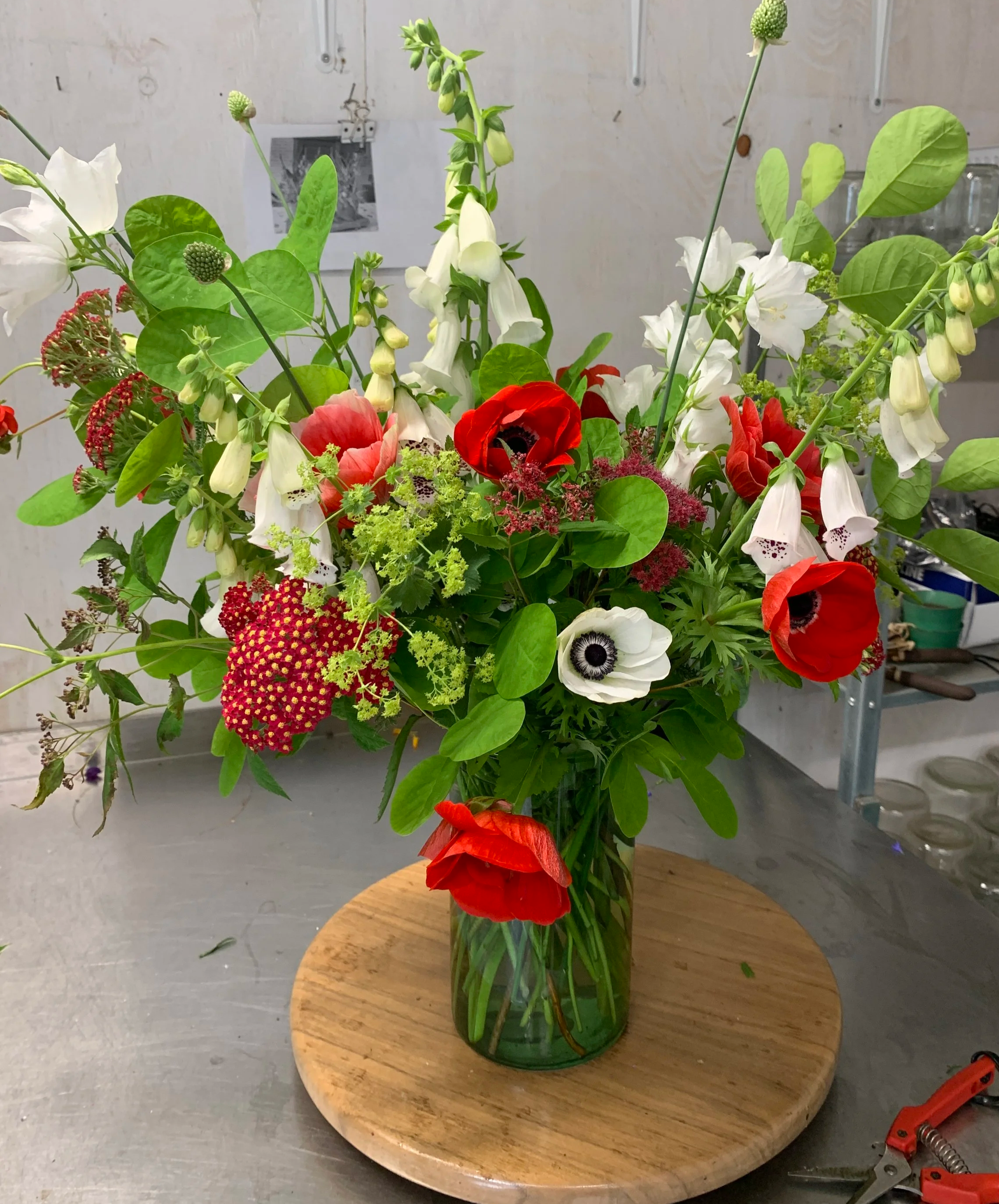 red white seasonal flower arrangement using farm grown flowers Canada Day