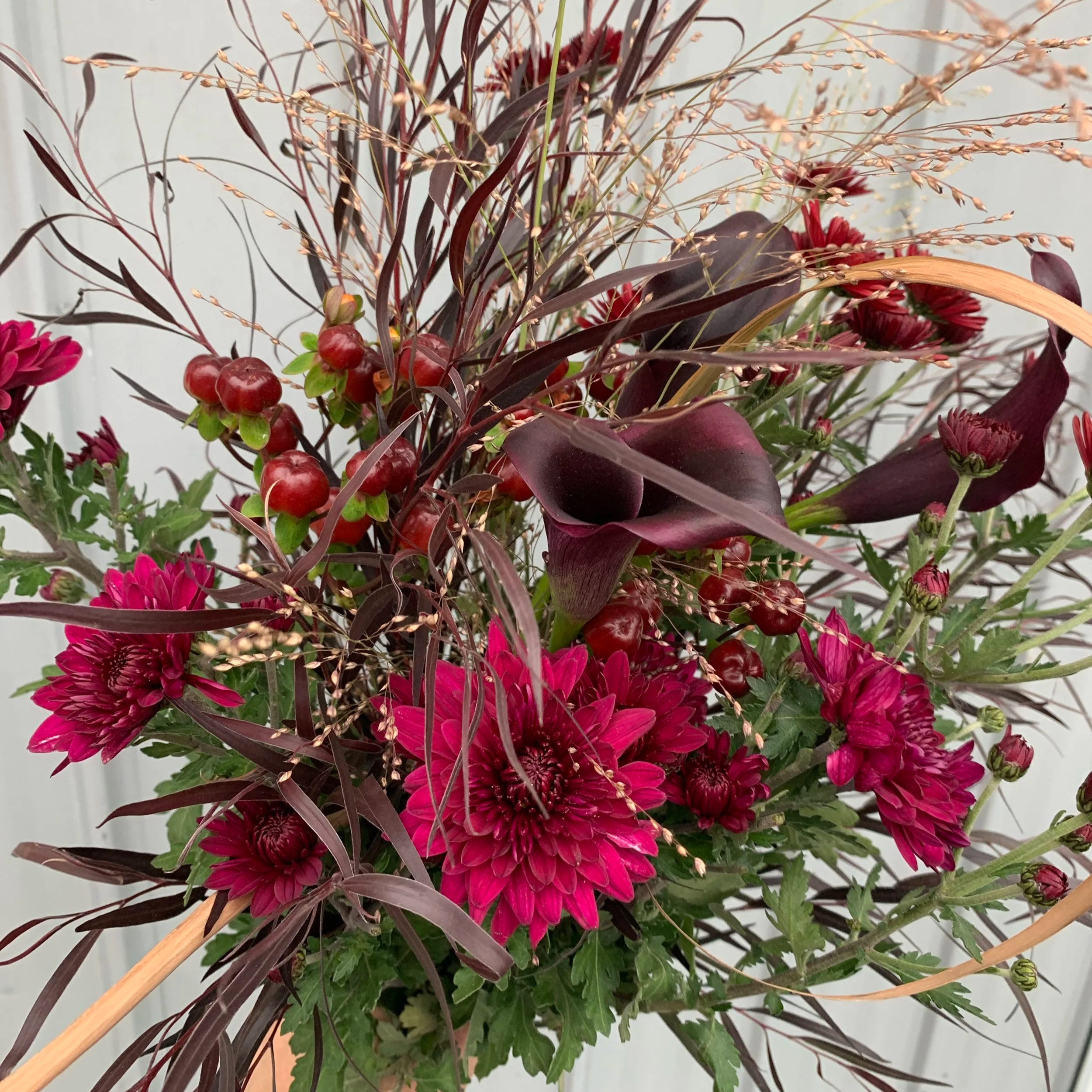 large autumn arrangement with farm grown mums, calla lilies and grasses