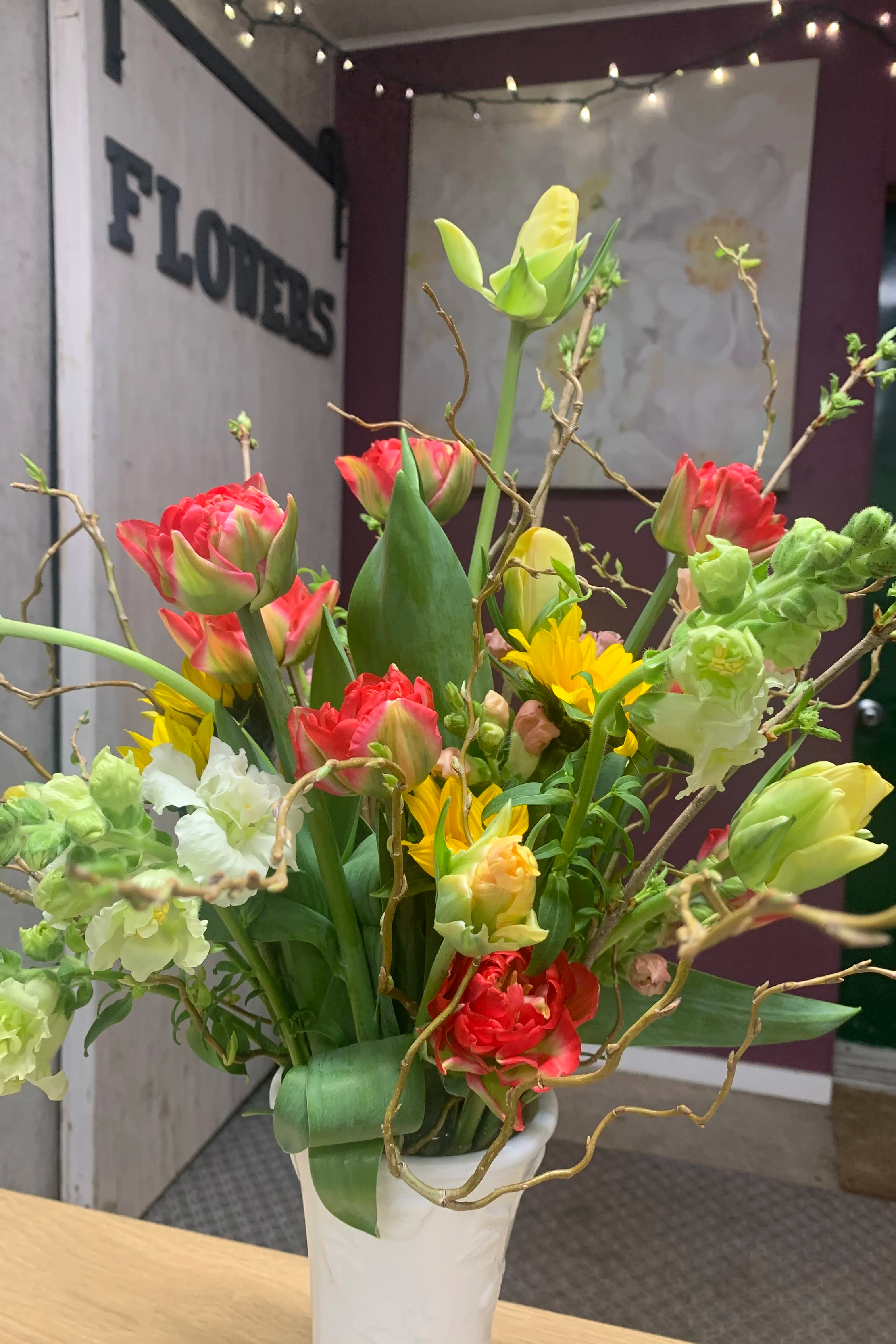 large spring tulip arrangement