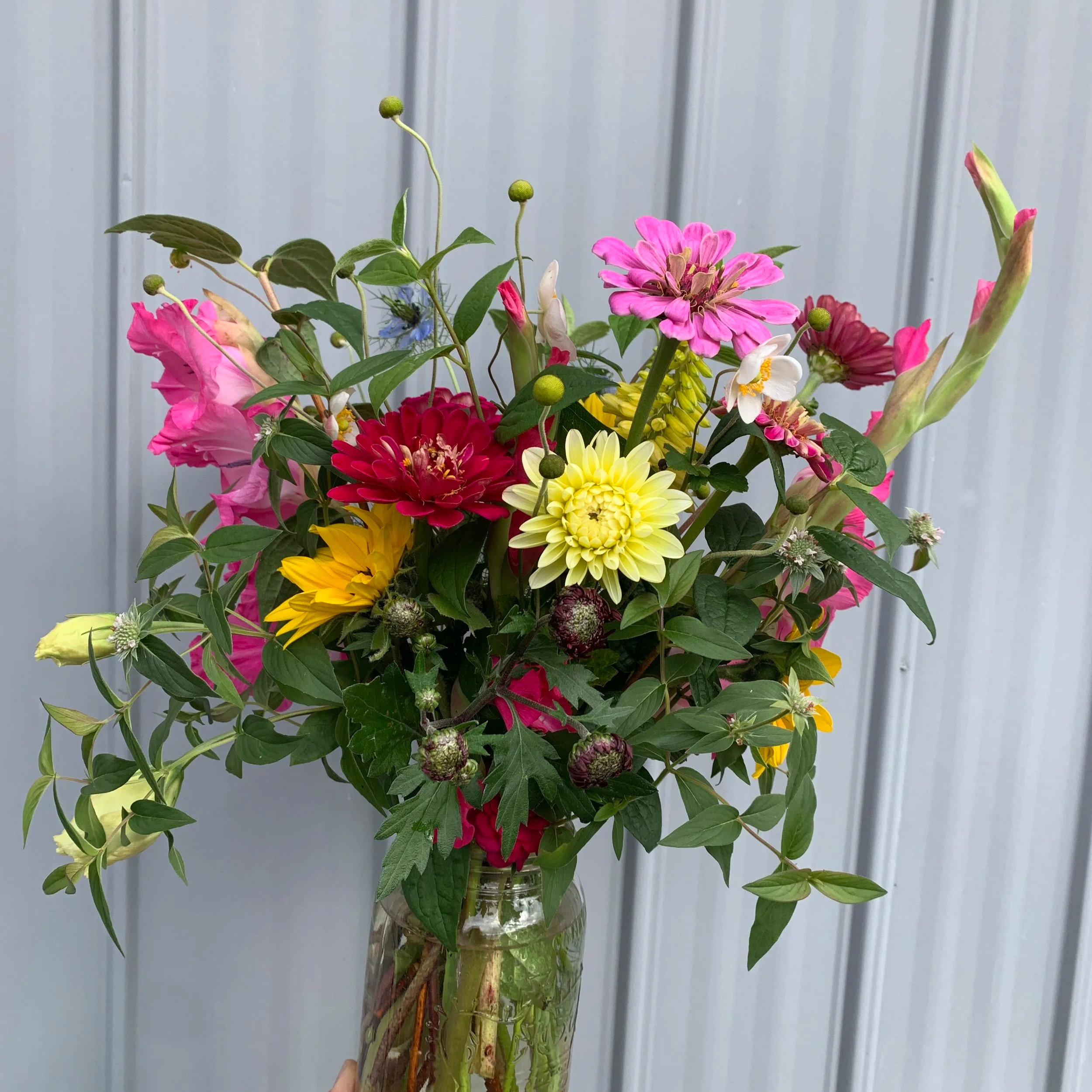 Large late summer arrangement in mason jar