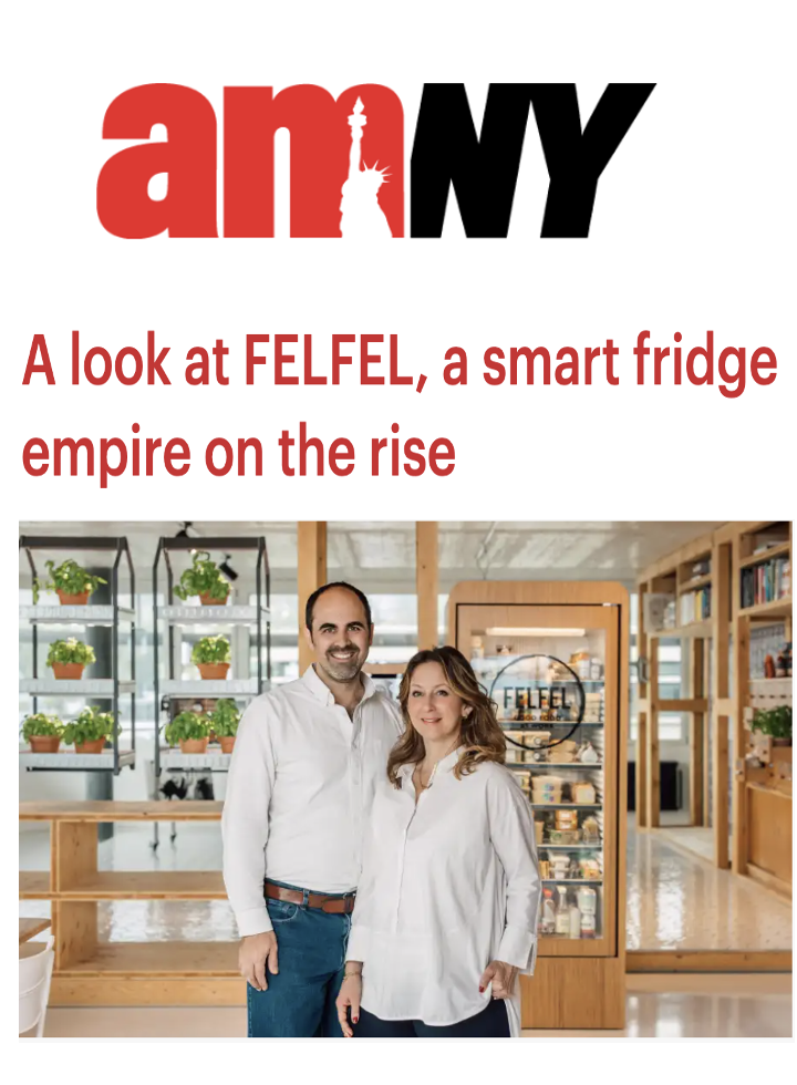 Cover of AMNY magazine featuring a headline about FELFEL and a photo of two smiling people standing in a modern, plant-filled grocery or cafe interior.