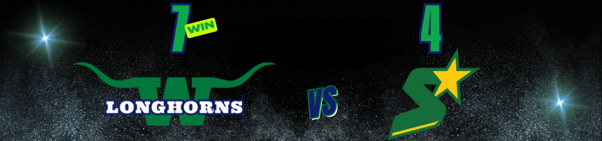 Graphic of a space-themed game between longhorns and a star, with scores 7 for longhorns and 4 for the star, and the word "WIN" above the longhorns.
