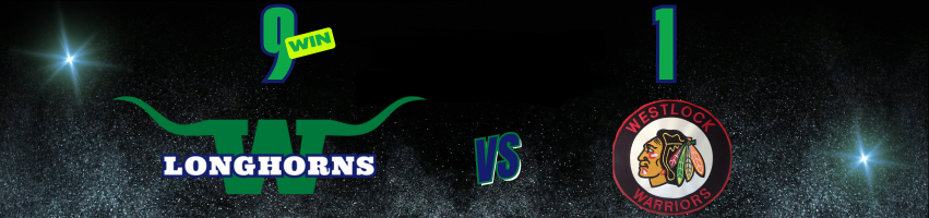 Graphic comparing Longhorns and Westlock Warriors in a sports game with team logos, scores, and a starry background.