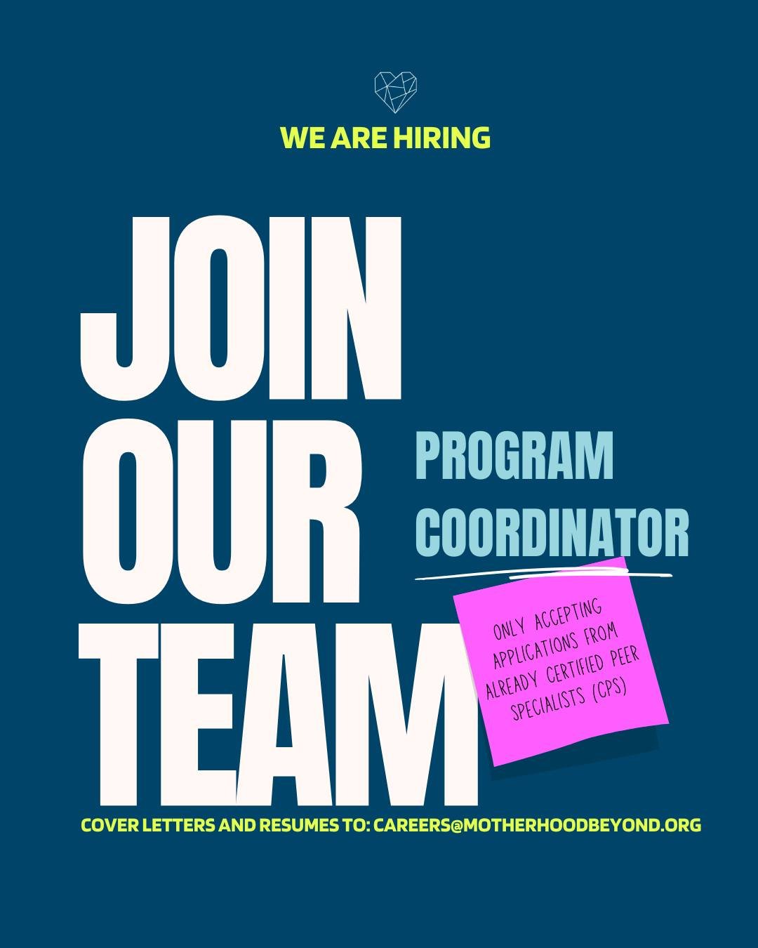 We're hiring a Program Coordinator! 🩷

This position is open to individuals who are already Certified Peer Specialists (CPS). Know someone who'd be a great fit? Please share! 

Learn more at https://www.motherhoodbeyond.org/open-jobs 🔗 in bio