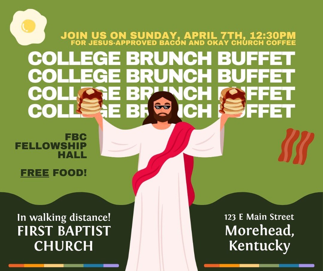 Are you joining us on Sunday, April 7th for the kickoff of First Baptist's new college ministry? You literally cannot pass up unlimited bacon. RSVP HERE: https://shorturl.at/mvWZ2