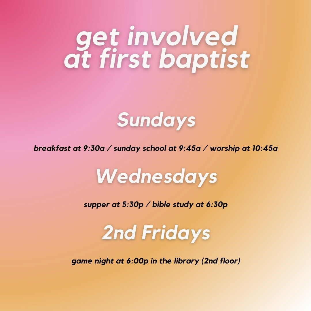 We had a WONDERFUL brunch as we kicked off our new college ministry at First Baptist Church. Now what?

Well, we'll continue to have a monthly brunch beginning in the fall semester, but for now, here are some way YOU can get plugged in at First Bapti