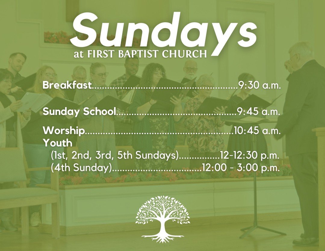 Join us tomorrow morning for breakfast, Sunday school, worship, and youth!
College &amp; Young Adults: Don't forget that we have a six-week college/young adult Bible study going on in the Fellowship Hall from 9:45 a.m. until 10:40 a.m.