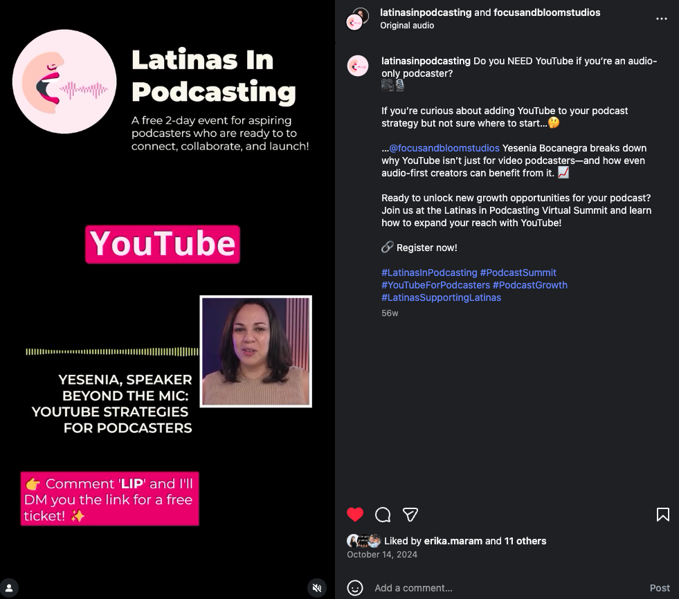 Poster promoting a free two-day virtual event for aspiring Latina podcast creators, featuring a speaker named Yesenia with a photo of her, a pink YouTube logo, and text inviting comments to get a free ticket.