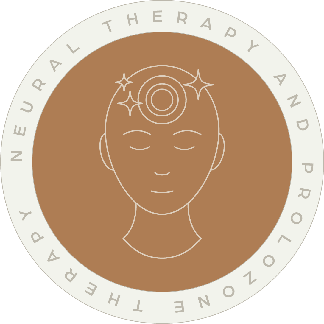 Logo for neuroural therapy and p r, featuring a stylized illustration of a woman's head with closed eyes and a spiral representing a third eye or chakra on her forehead, on a brown background with a white border.