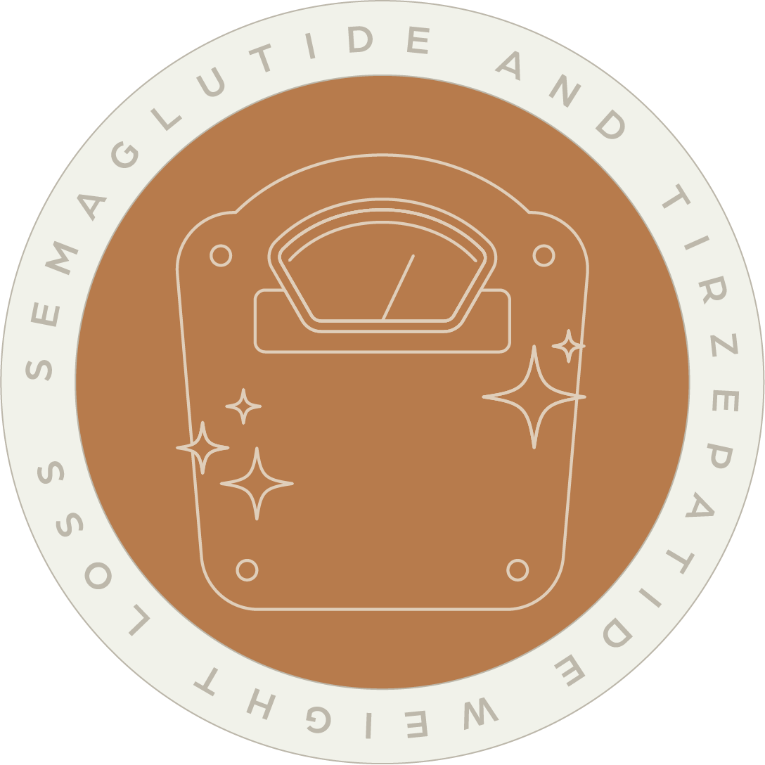 Circular badge with a brown background and a white border. It features a line drawing of a vintage weighing scale with sparkles around it. Text around the border reads 'WEIGHT CHECK! SO EMAGLUTIDE AND TIRZEPATIDE'.