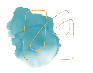 Abstract geometric shape with gold outline on turquoise background.