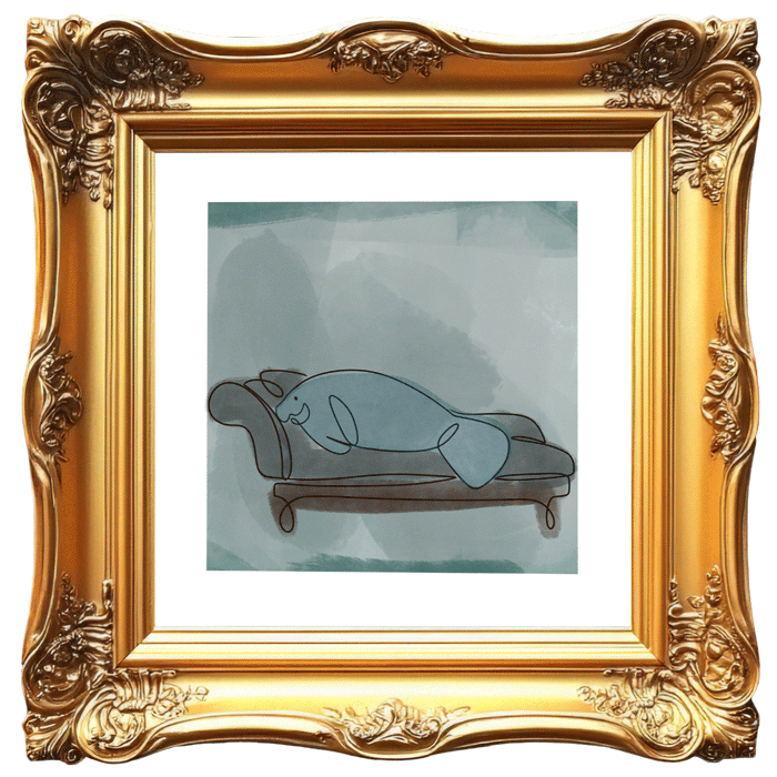 A framed minimalistic drawing of a manatee laying on a therapy couch