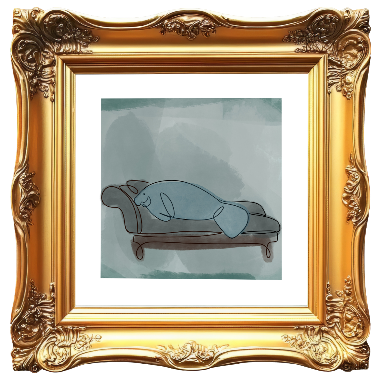 A framed minimalistic drawing of a manatee laying on a therapy couch