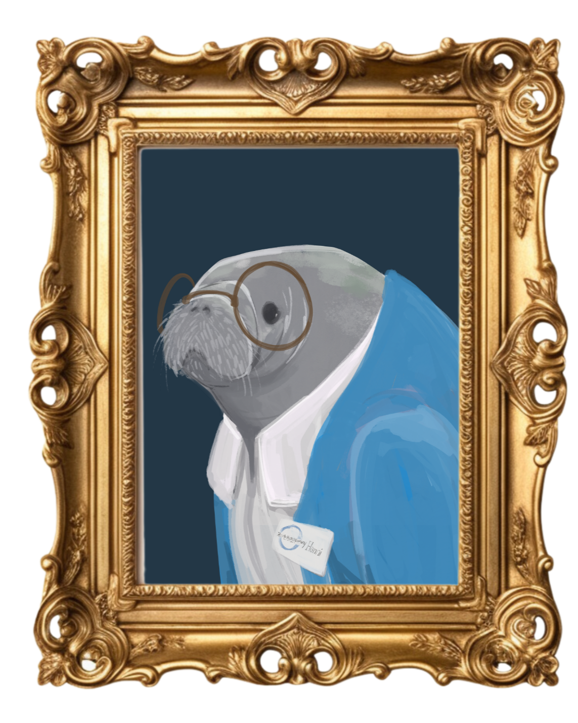 A framed picture of a manatee wearing glasses, a name badge, and a blue cardigan. Navy blue background.