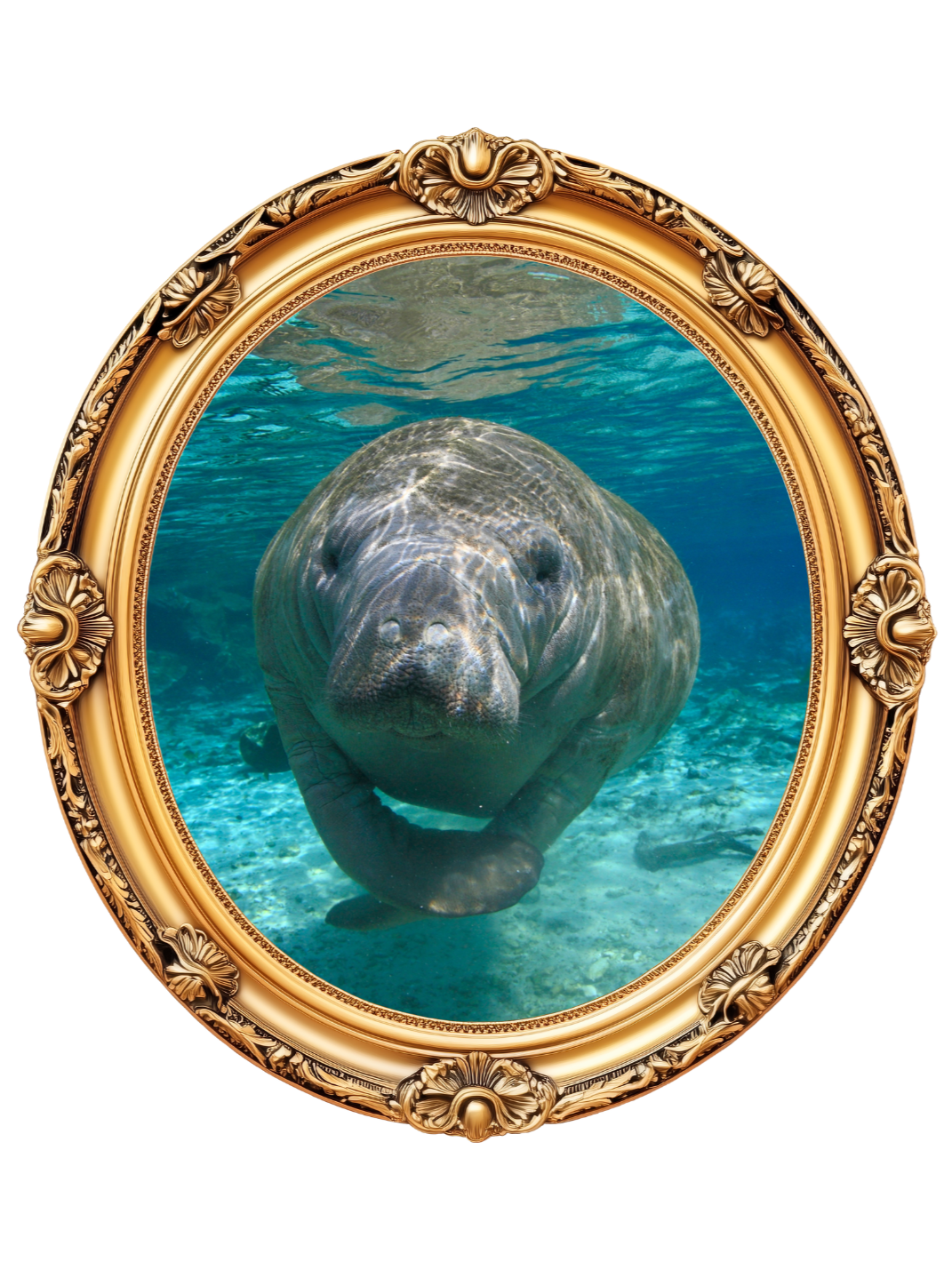 A framed front picture of a manatee swimming in bright ocean water with light reflected in the background.