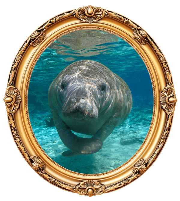 A framed front picture of a manatee swimming in bright ocean water with light reflected in the background.