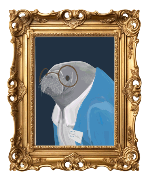 A framed picture of a manatee wearing glasses, a name badge, and a blue cardigan. Navy blue background.
