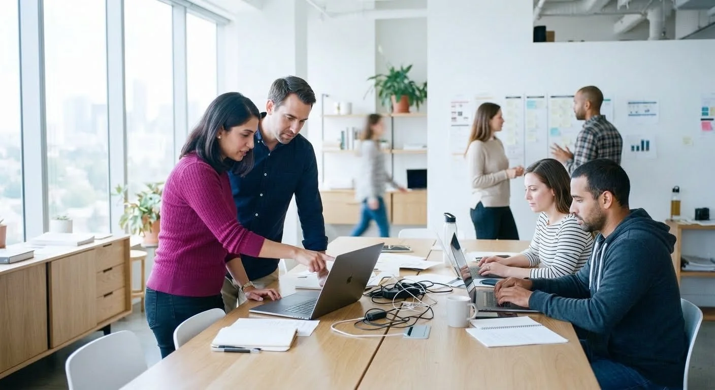 Six colleagues working together at a shared table and wall display in an open project room.