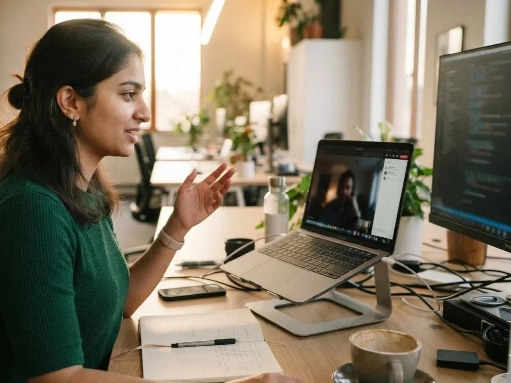 Engineer at her desk speaking to a remote colleague on a video call, laptop open in front of her.
