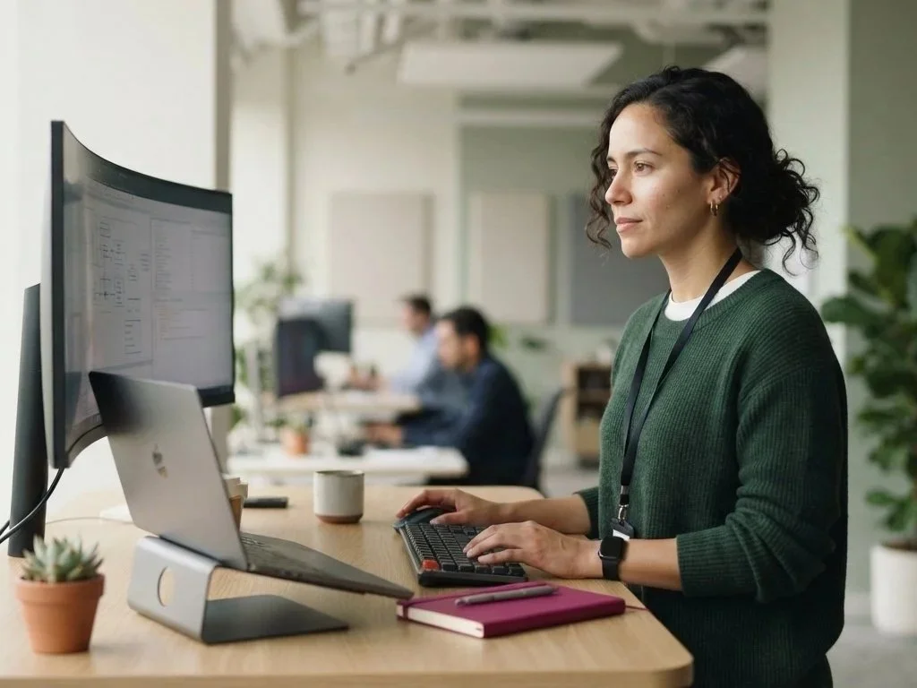 a woman engineer working at a stand up desk in an open office
