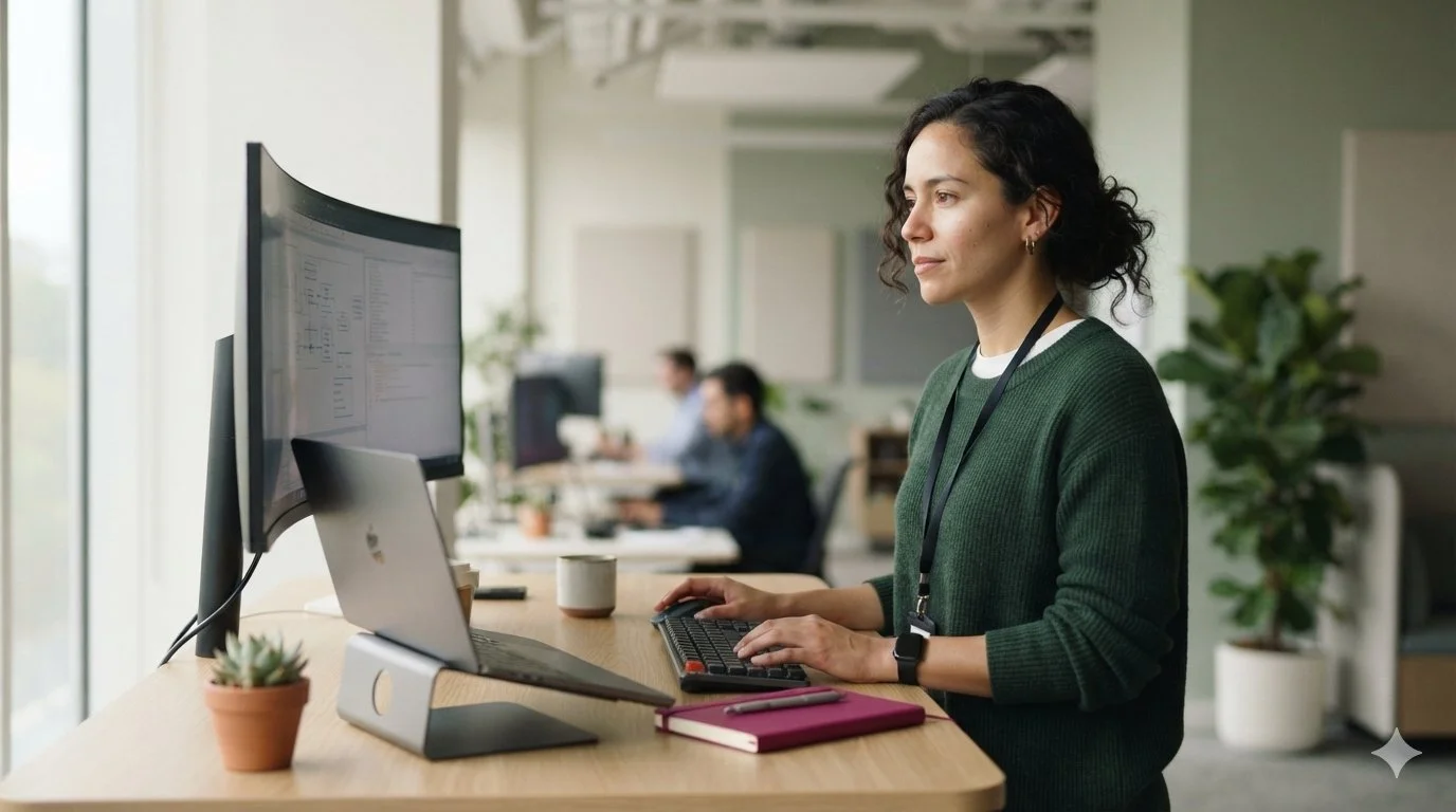 a woman engineer working at a stand up desk in an open office