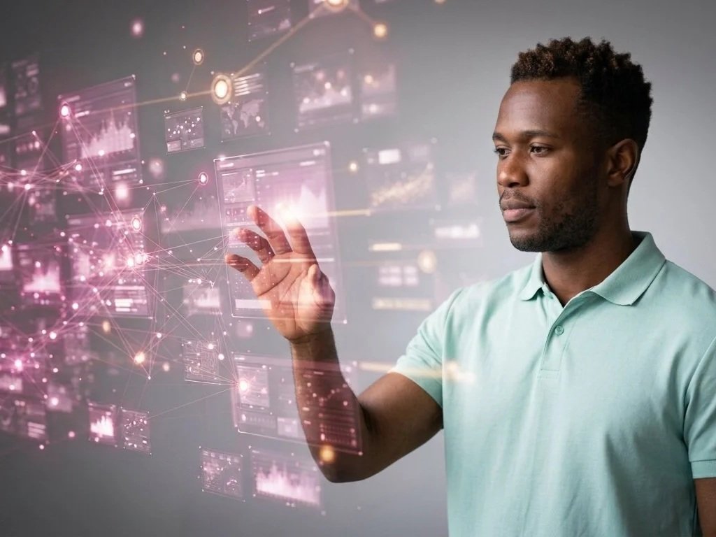 Man in a light teal polo reaching toward a translucent holographic display of charts, data panels, and connected network nodes.