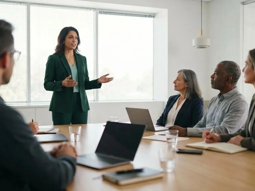 Executive in a dark green suit standing and speaking to colleagues seated around a boardroom table.