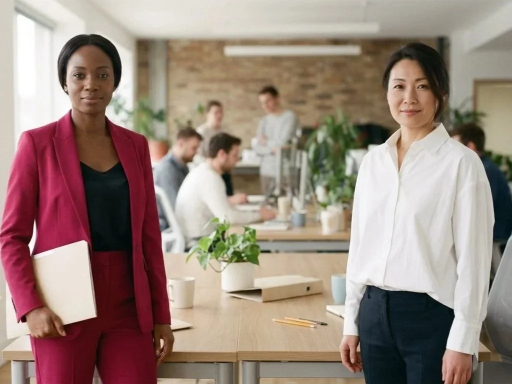 Two recruiting professionals standing together in a bright open office.