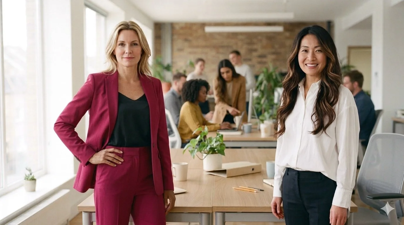 Two recruiting professionals standing together in a bright open office.