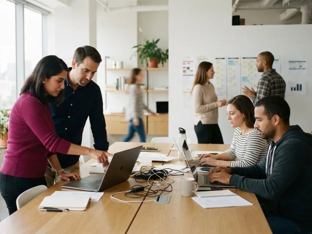 Six colleagues working together at a shared table and wall display in an open project room.