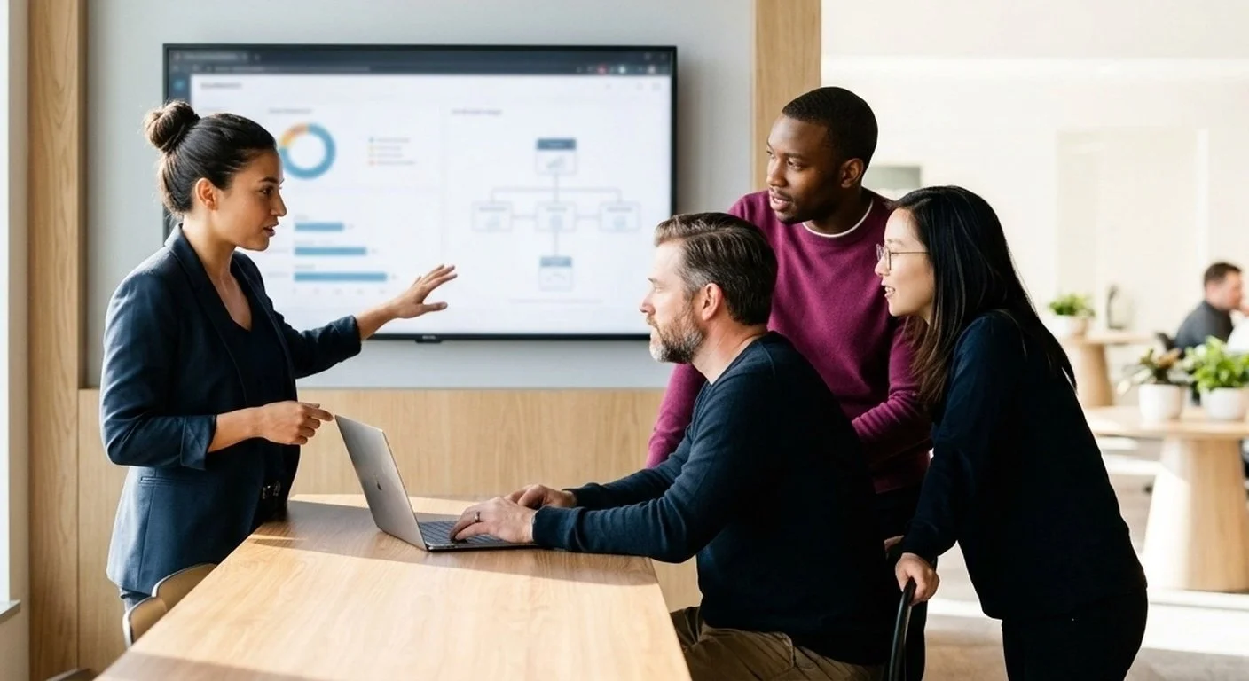Product team reviewing a dashboard and system diagram on a wall display.
