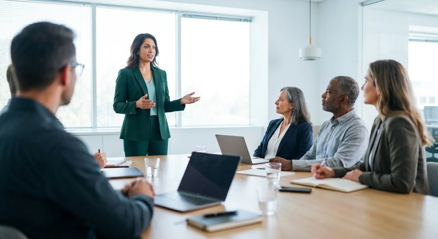 Executive in a dark green suit standing and speaking to colleagues seated around a boardroom table.
