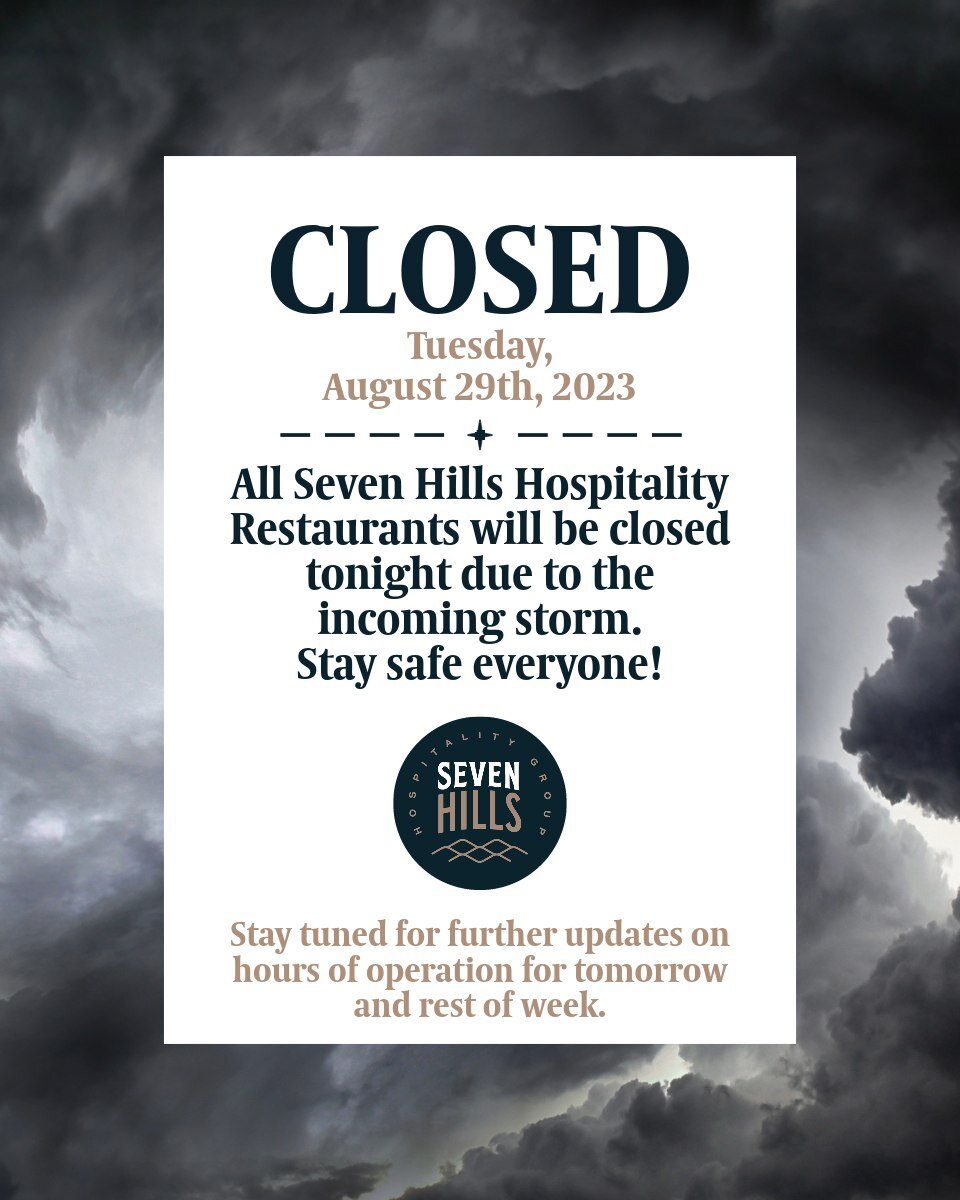 Out of respect for the safety of our customers and staff, we will be closing our doors this evening as everyone prepares for Hurricane Idalia. We are closely monitoring the progression of the storm. 

We want to thank you for your understanding, stay