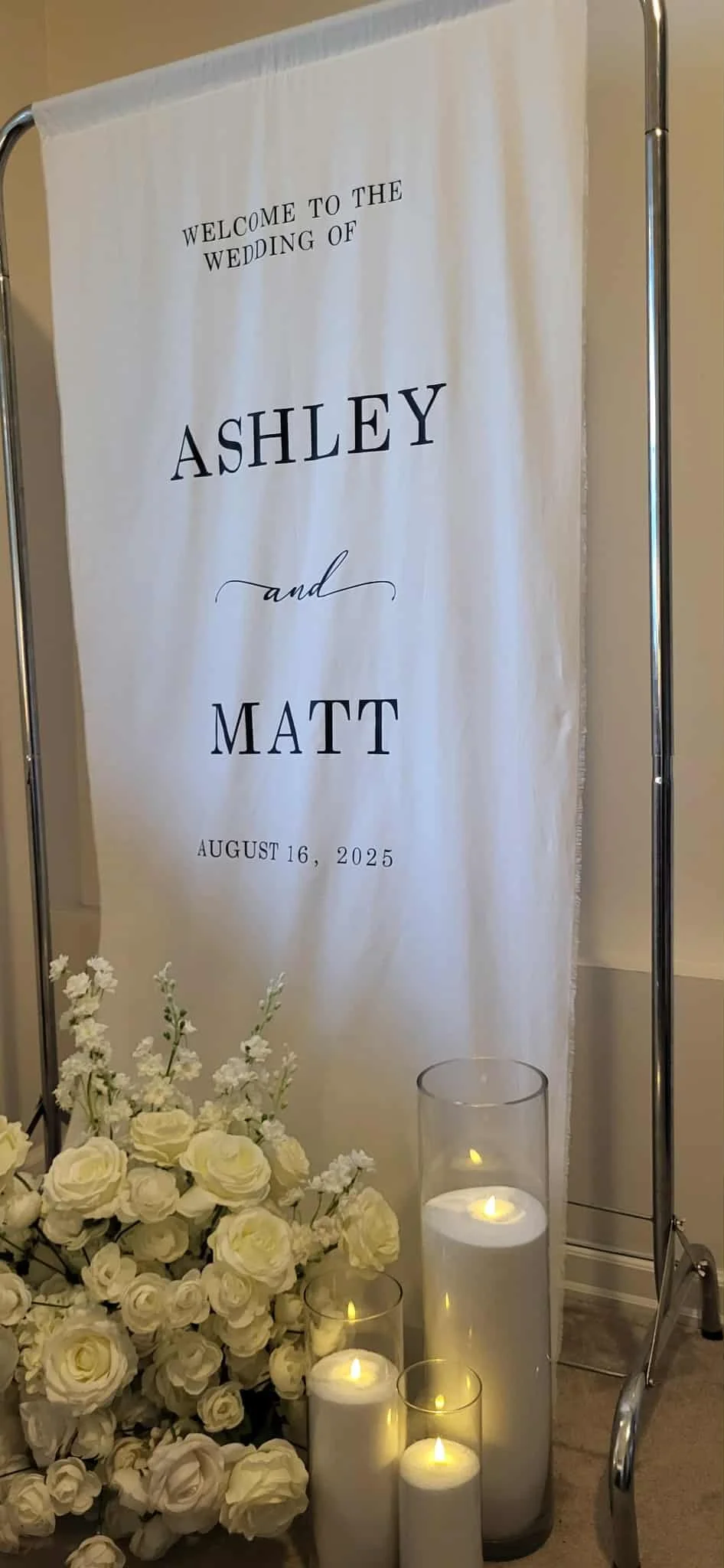 WEDDING FABRIC SIGN AND CANDLES.jpg