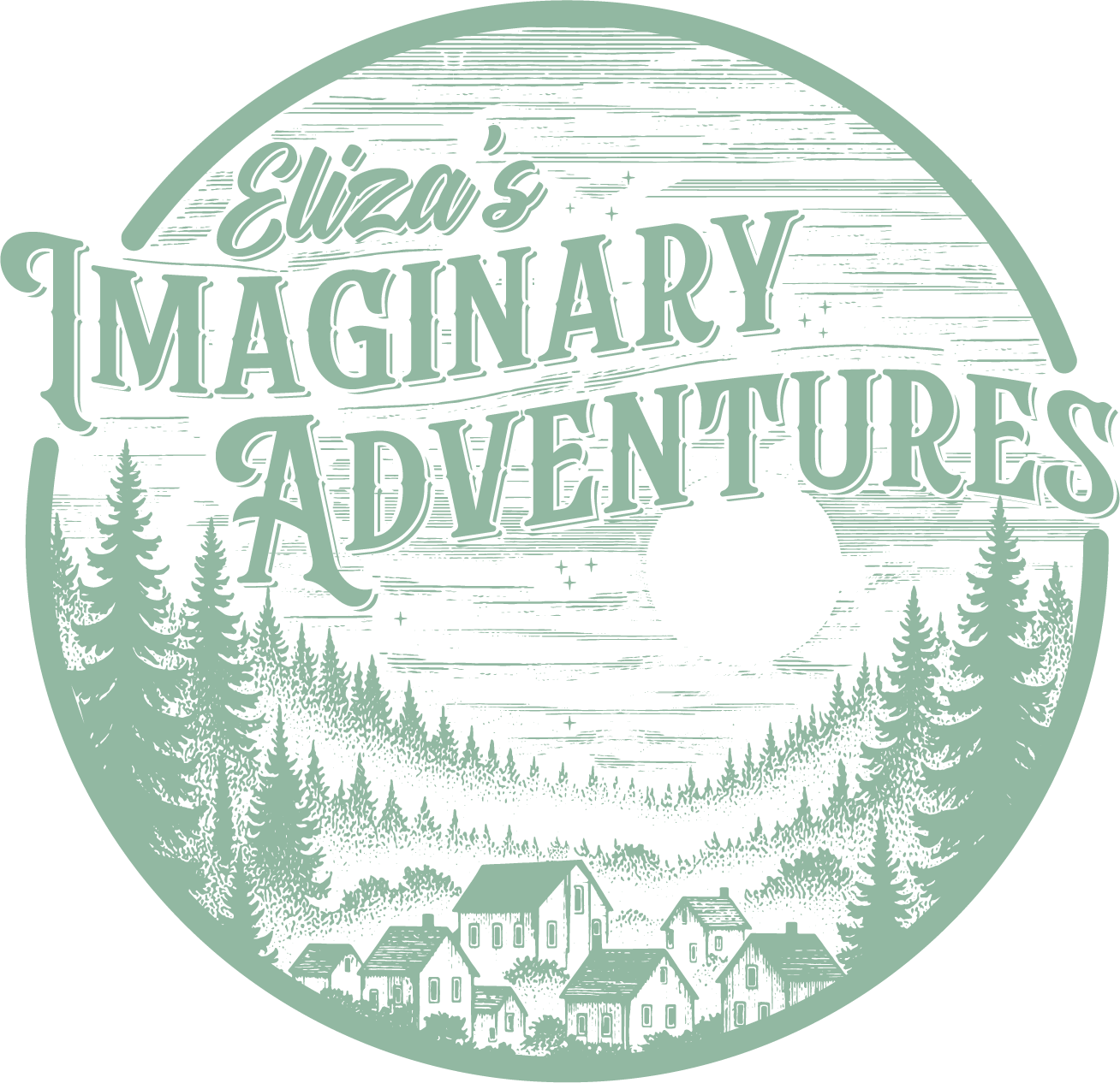 Design for Eliza's Imaginary Adventures with a forest, houses, and a starry sky background.