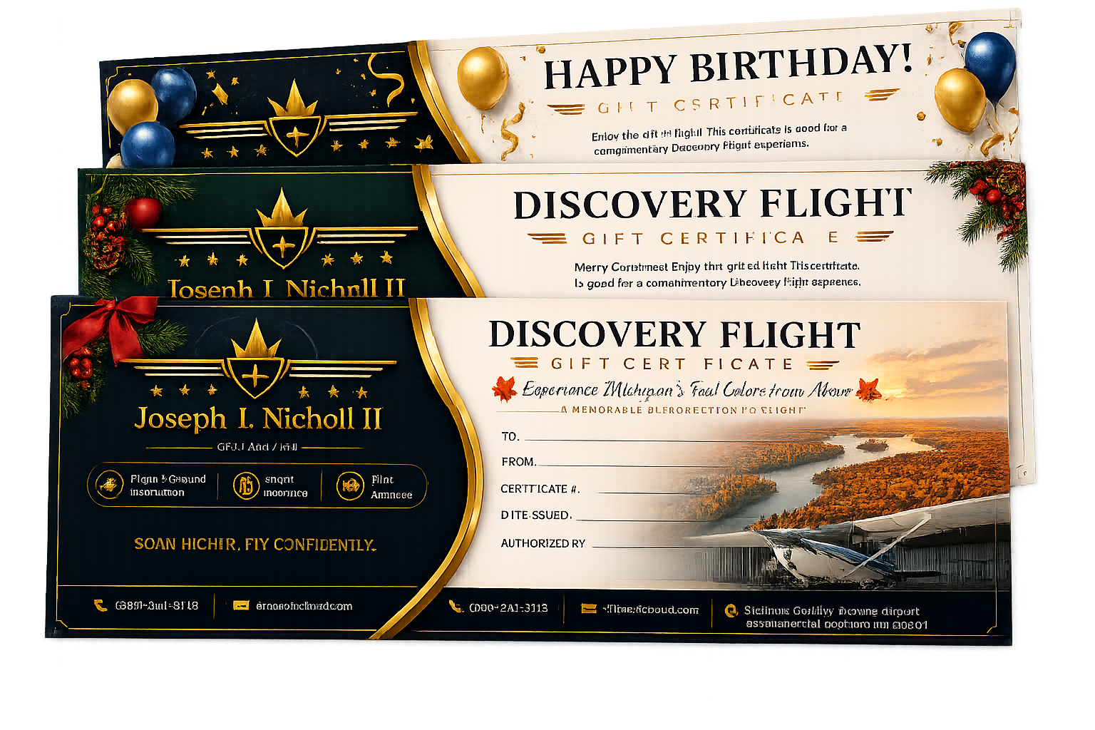 Three decorative gift certificates with a flight theme, wrapped with festive holiday decorations and balloons, featuring a scenic landscape with a river and sunset.