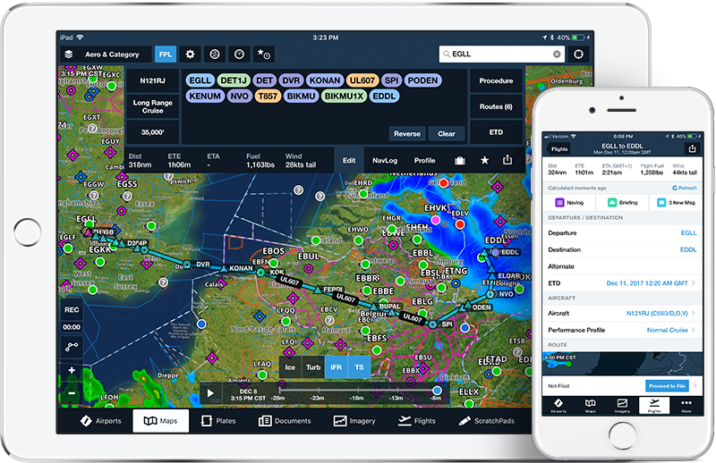 Screenshot of an aviation navigation app on a tablet and a smartphone, displaying flight routes, airport details, and weather maps for European airspace.