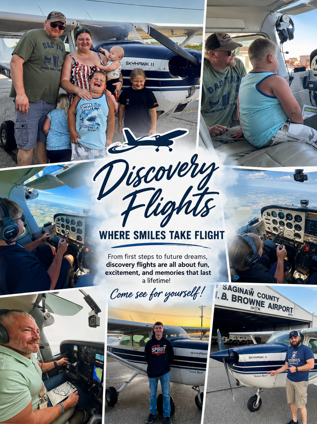 A poster advertising Discovery Flights at Saginaw County Airport featuring photos of families and individuals inside small planes and sitting on the tarmac, with a slogan 'Where Smiles Take Flight' and information inviting people to experience flying.
