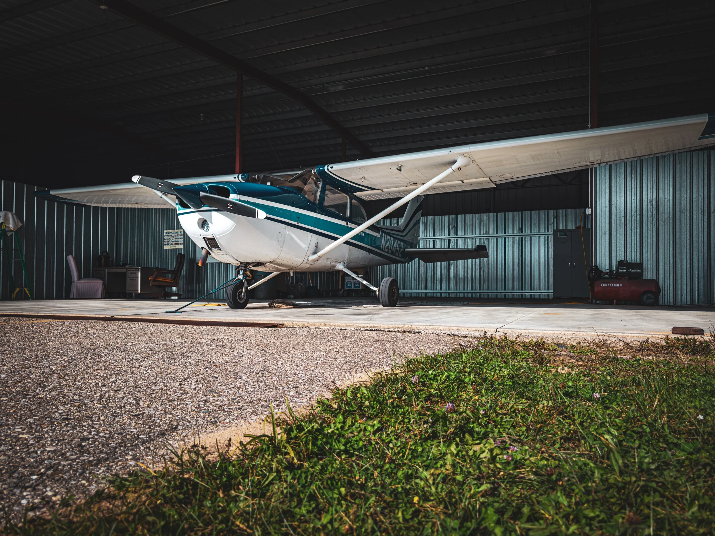 A Nicholl Aviation Cessna in its hangar