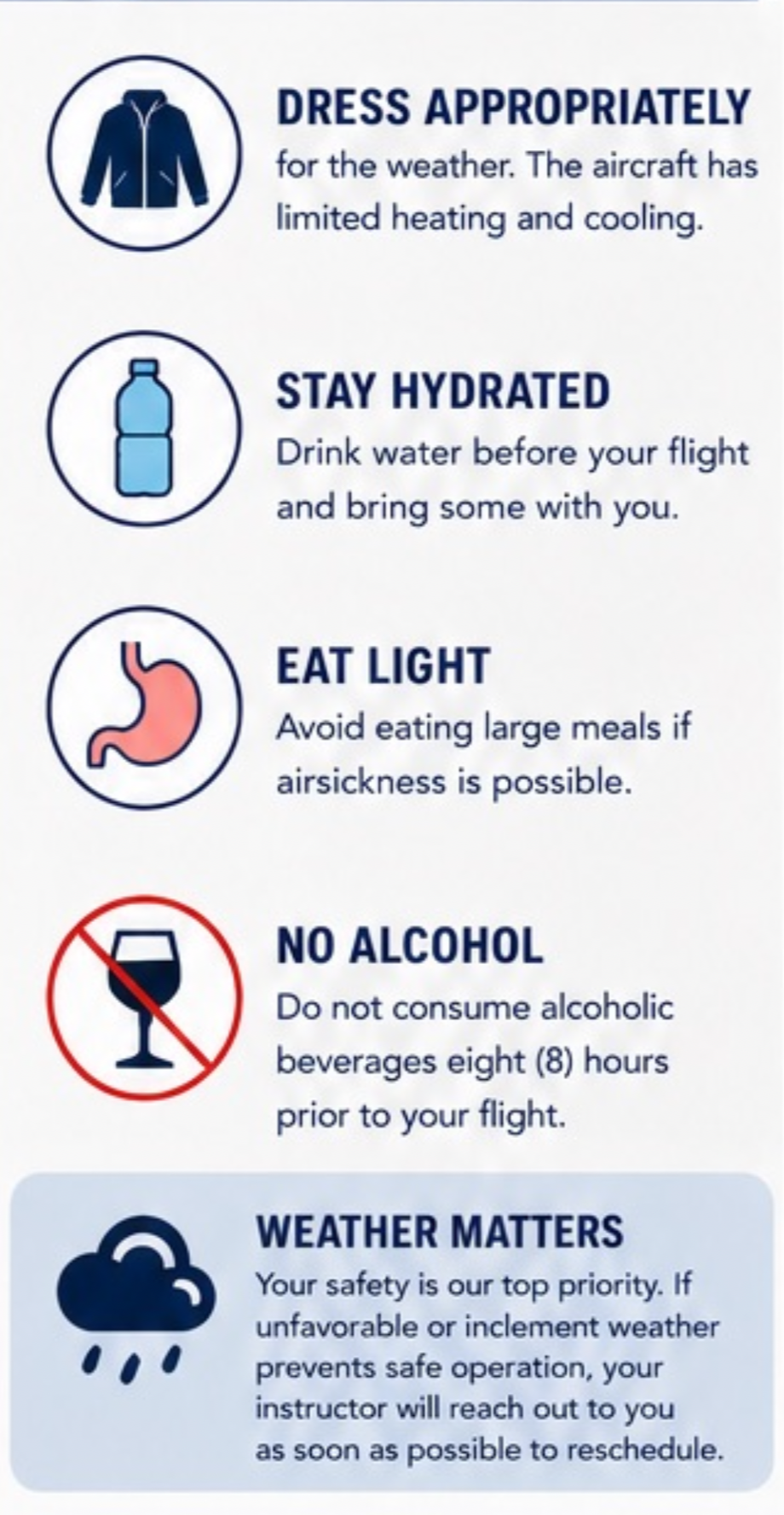 Flight safety tips including dressing appropriately for weather, staying hydrated, eating light, avoiding alcohol before flight, and weather considerations.