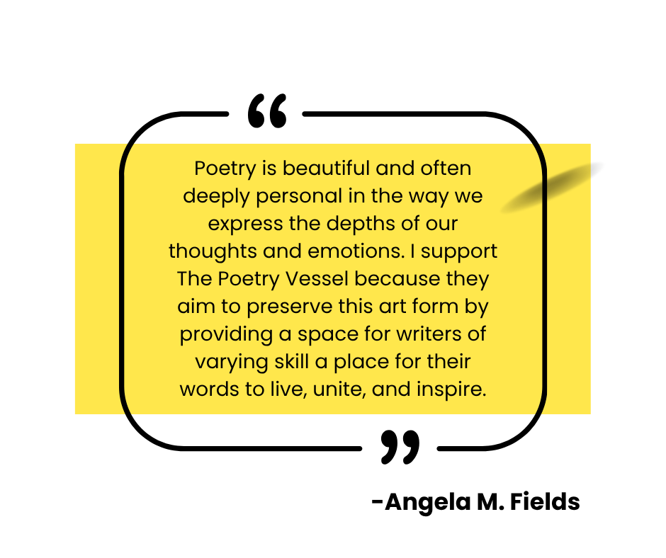 Black background with a yellow rectangular text box containing a quote about poetry and support for writers, decorated with black lines and a shadow effect.