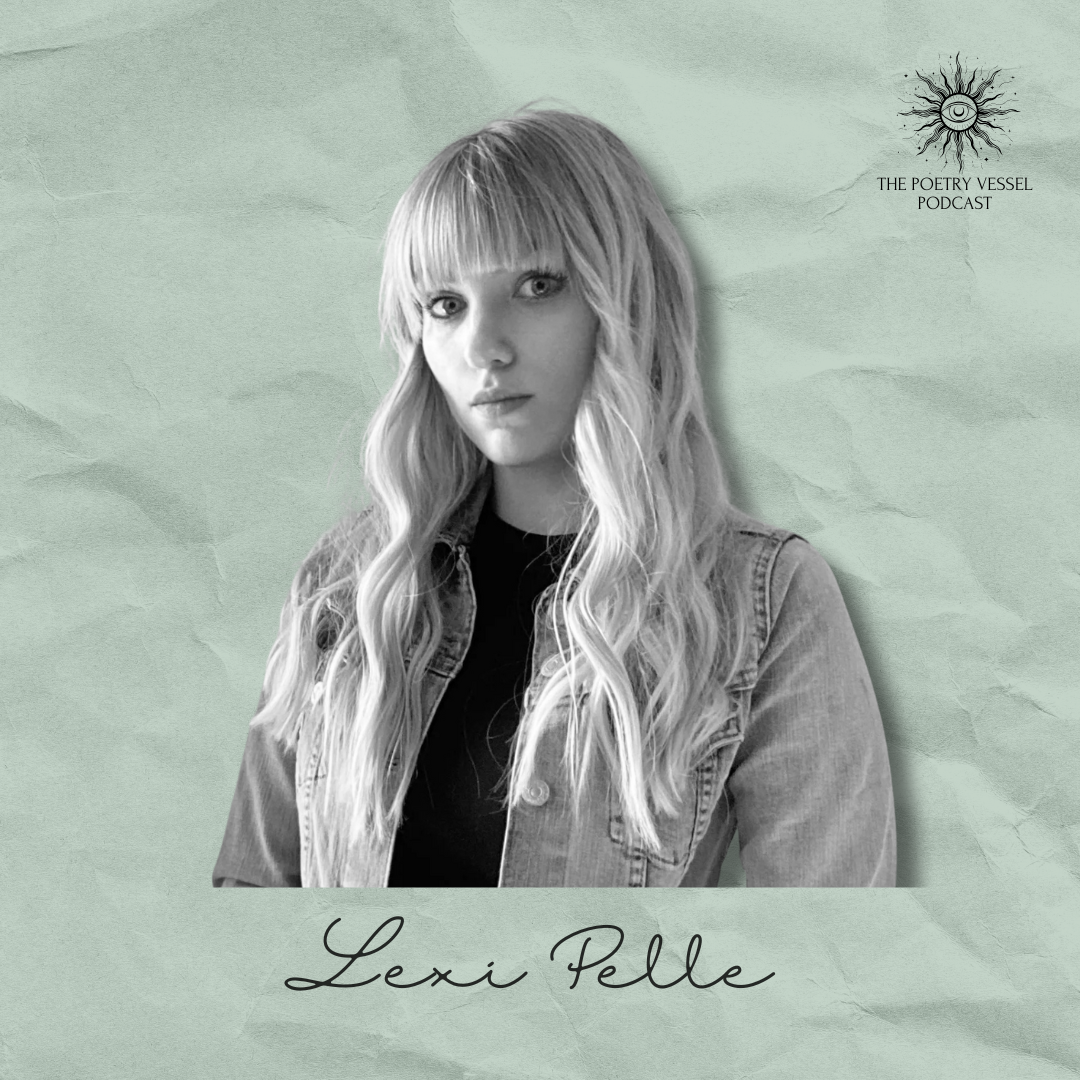 Black-and-white portrait of Lexi Pelle with wavy blond hair, wearing a denim jacket, on a textured green background with the text 'Lexi Pelle' and a podcast logo.