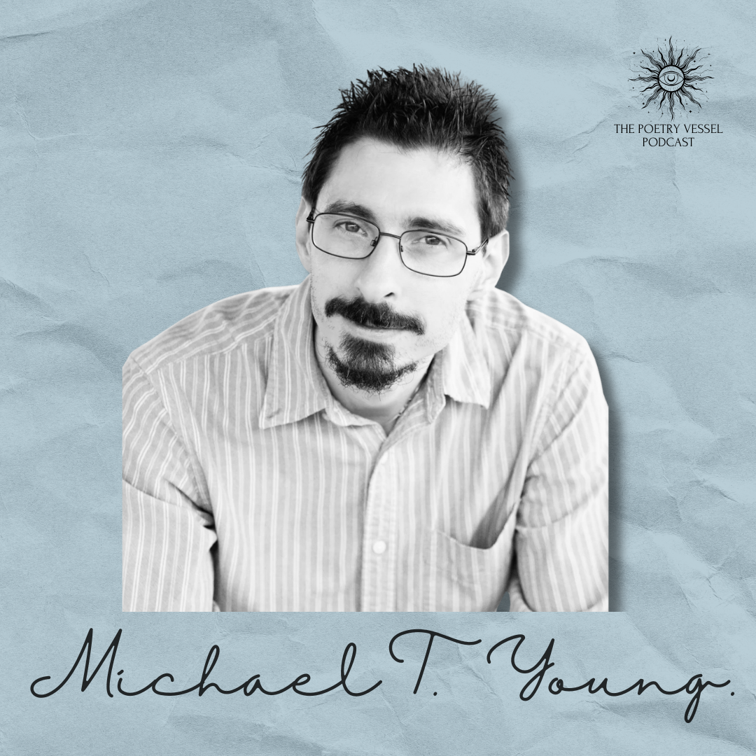 Announcement for a podcast called 'The Poetry Vessel Podcast' with a blue textured background and a sun and eyeball logo, stating 'Coming Soon...'.