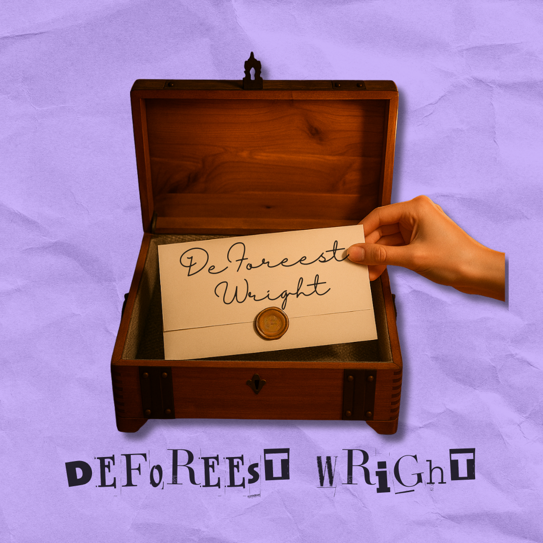 A hand placing a card inside a wooden box. The card has the words "DeForEst WRighT" written on it. The background is purple with the words "DeForest WriGht" spelled out below in black and purple letters.
